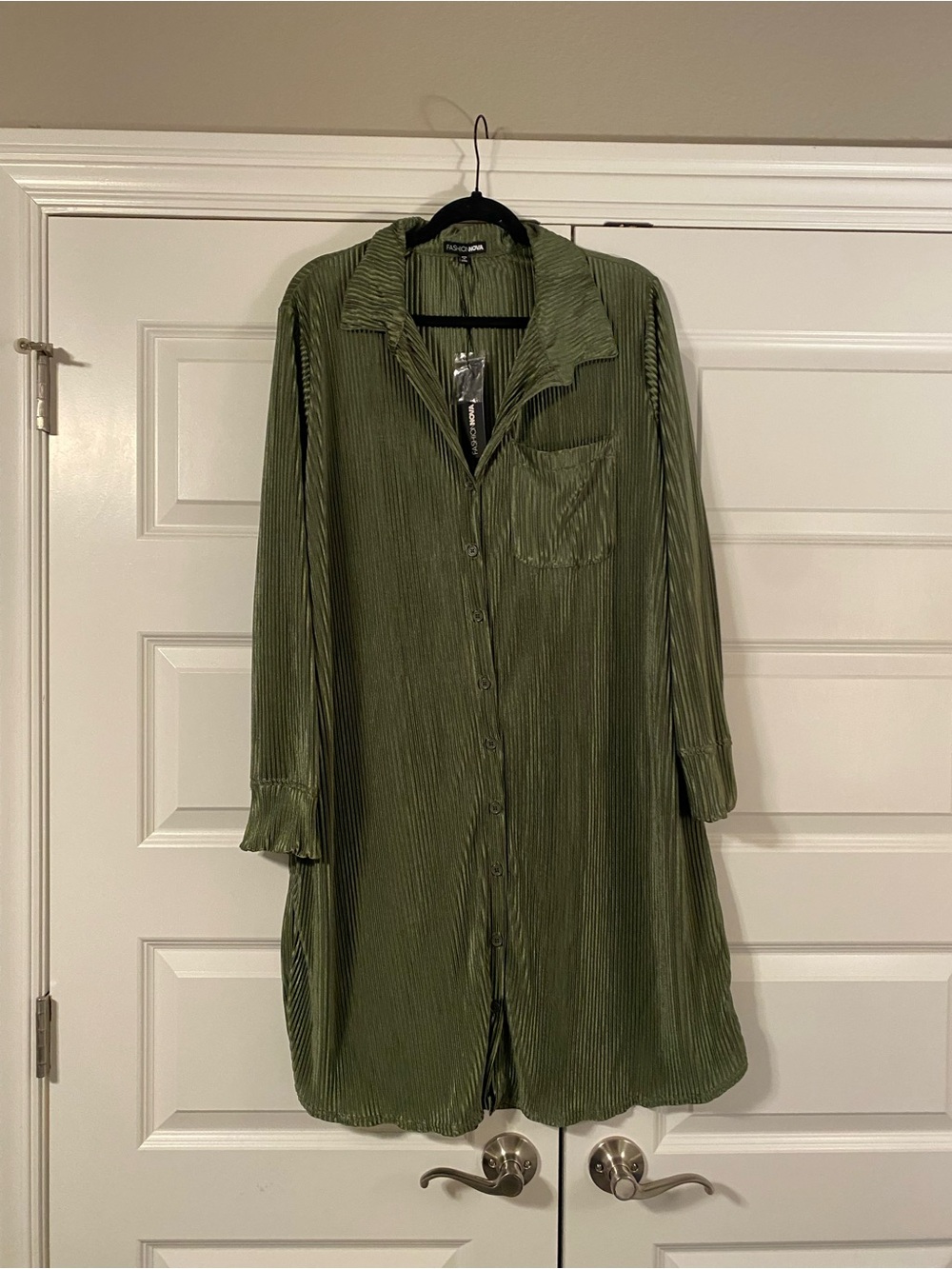 Fashion Nova Olive Green Pleated Dress Shirt
